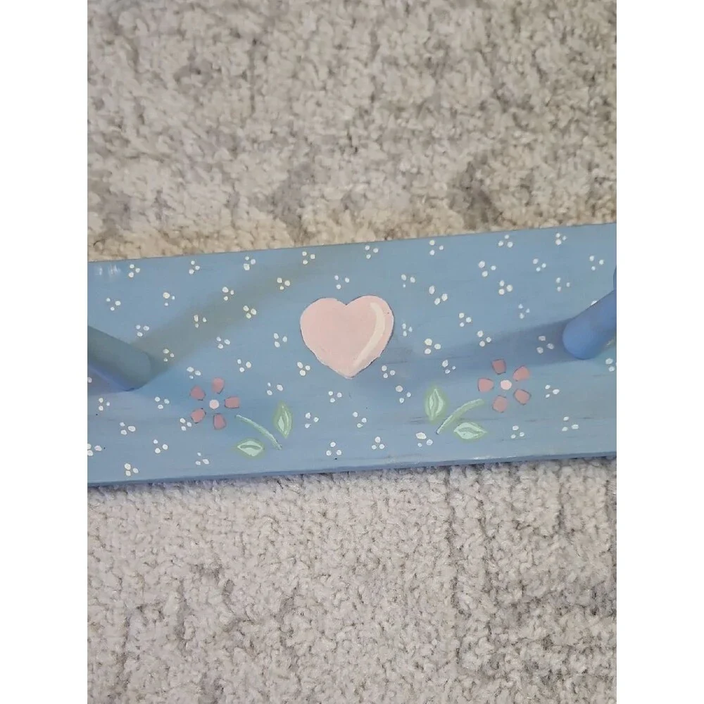 Hand Crafted Blue and Pink Wooden Heart Wall Peg Hook Rack
